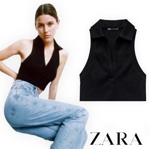 ZARA | Black | RIBBED T-SHIRT - Picture 1 of 8